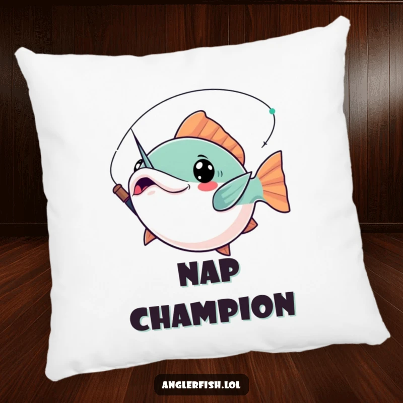 Funny Kawaii Anglerfish Pillow: Plush cushion featuring a cute anglerfish striking a dramatic pose, its lure held aloft.