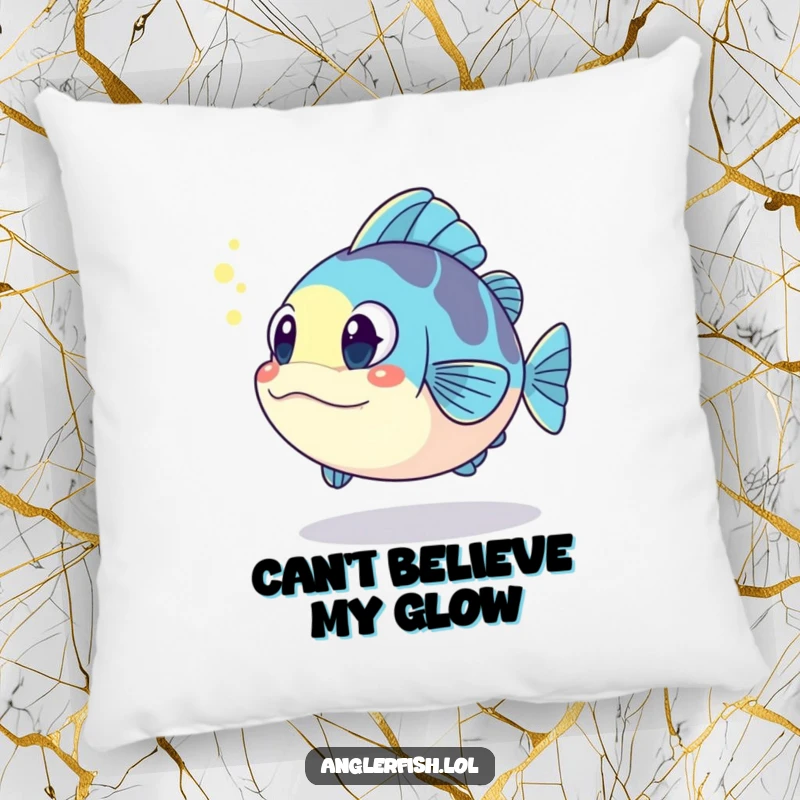 Funny kawaii anglerfish pillow, surprised by its glowing reflection, a soft and funny gift for relaxation.