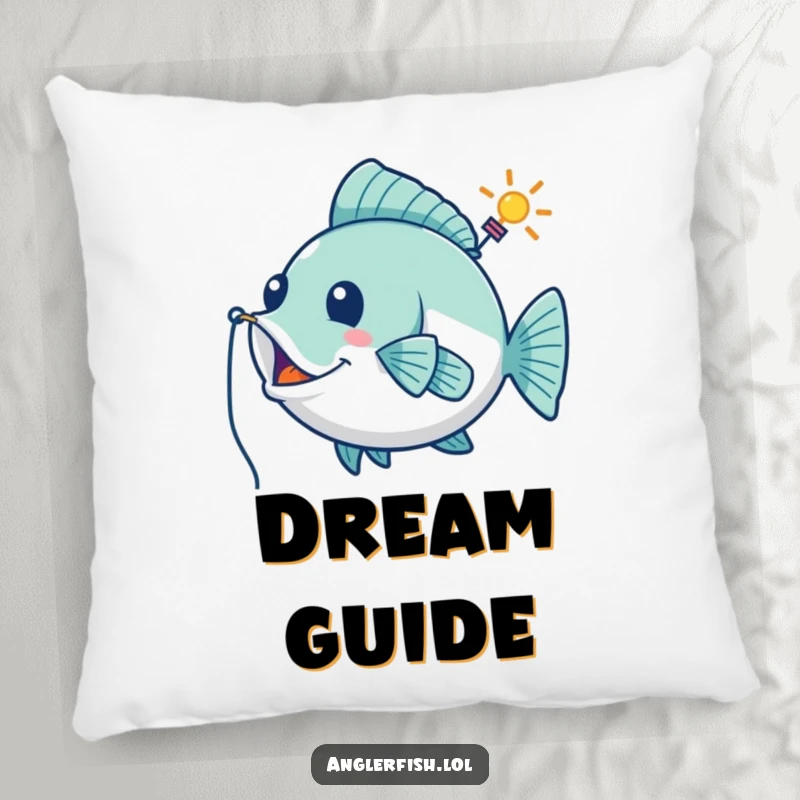 Funny pillow showing a playful anglerfish using its lure as a whimsical guiding beacon, offering comfort and humor.