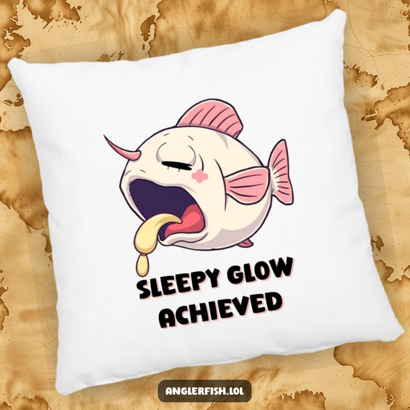 Funny pillow showing a sleepy anglerfish yawning, its lure emitting a gentle, soft glow, perfect for cozying up.