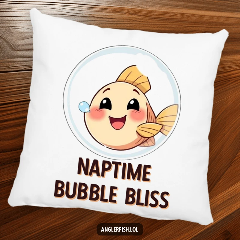 Funny Anglerfish Pillow depicting a happy anglerfish blowing a giant bubble, perfect for cozy comfort and radiating cheerful vibes.