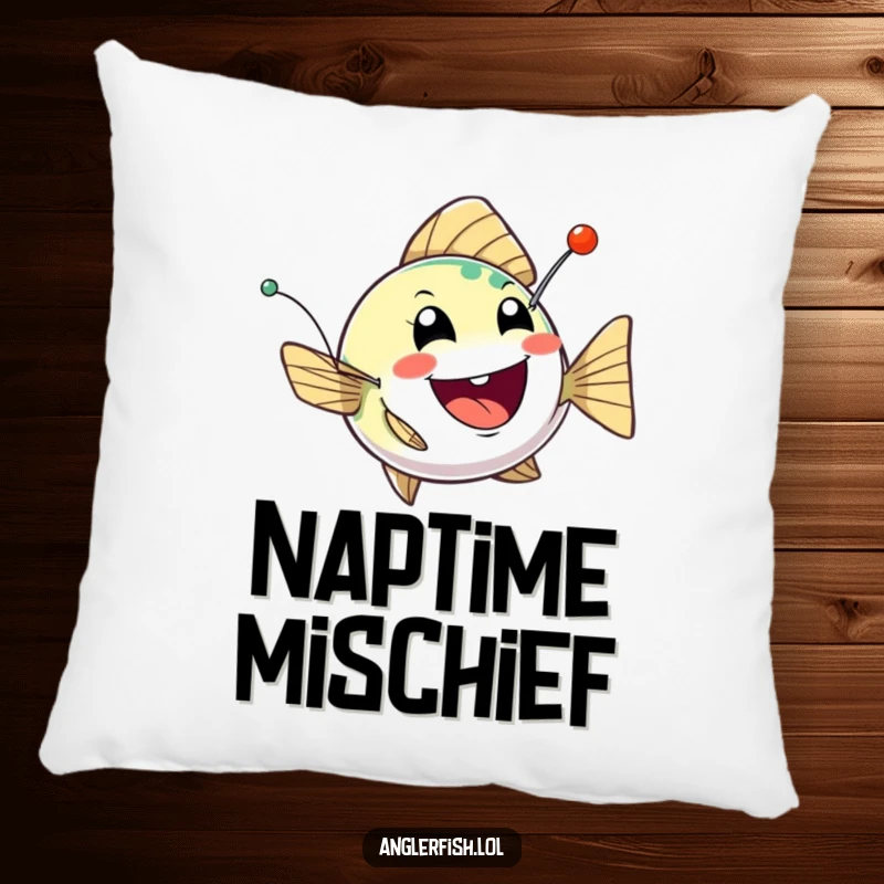 Funny anglerfish pillow featuring a cheerful, bobbing creature with a twinkling, mischievous lure, ideal for cozy, playful decor.