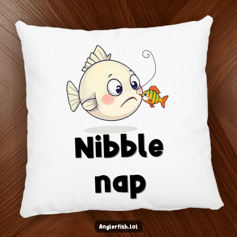 Funny anglerfish pillow featuring a surprised creature with a tiny fish playfully nibbling its lure, offering comfort and humor.
