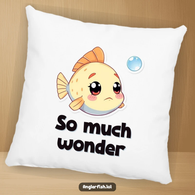 Funny Kawaii Anglerfish Pillow: Plush cushion featuring a cute anglerfish with a comically amazed expression at a tiny bubble.