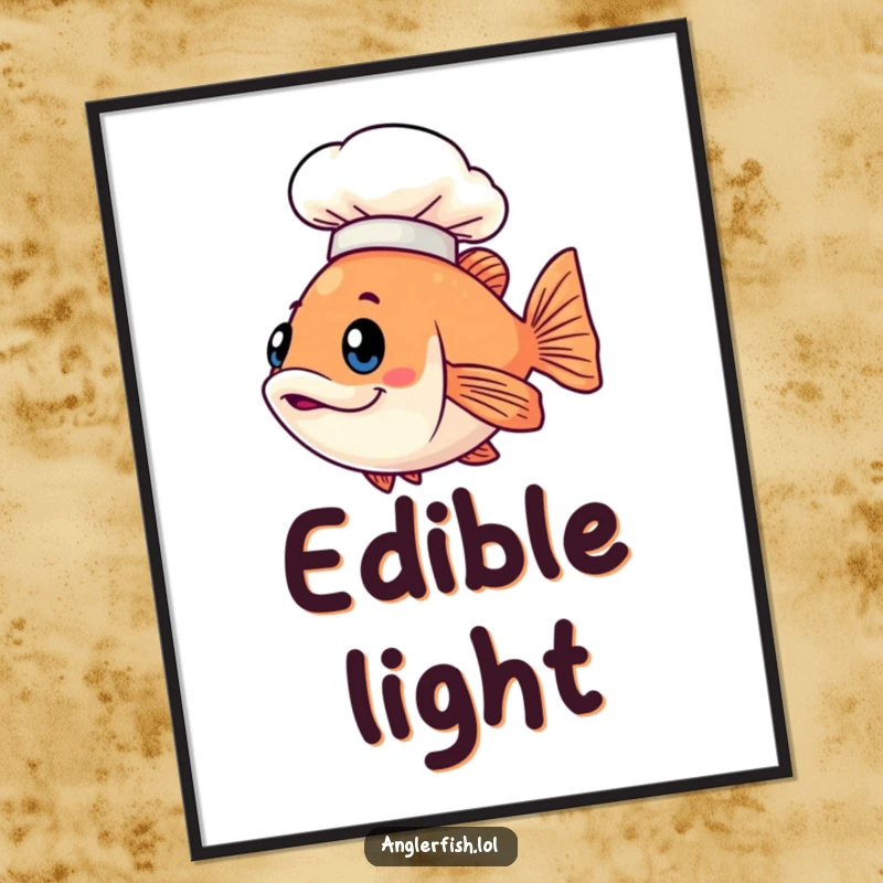 Funny Kawaii anglerfish digital art print of a cute fish wearing a tiny chef hat with light, instant download.