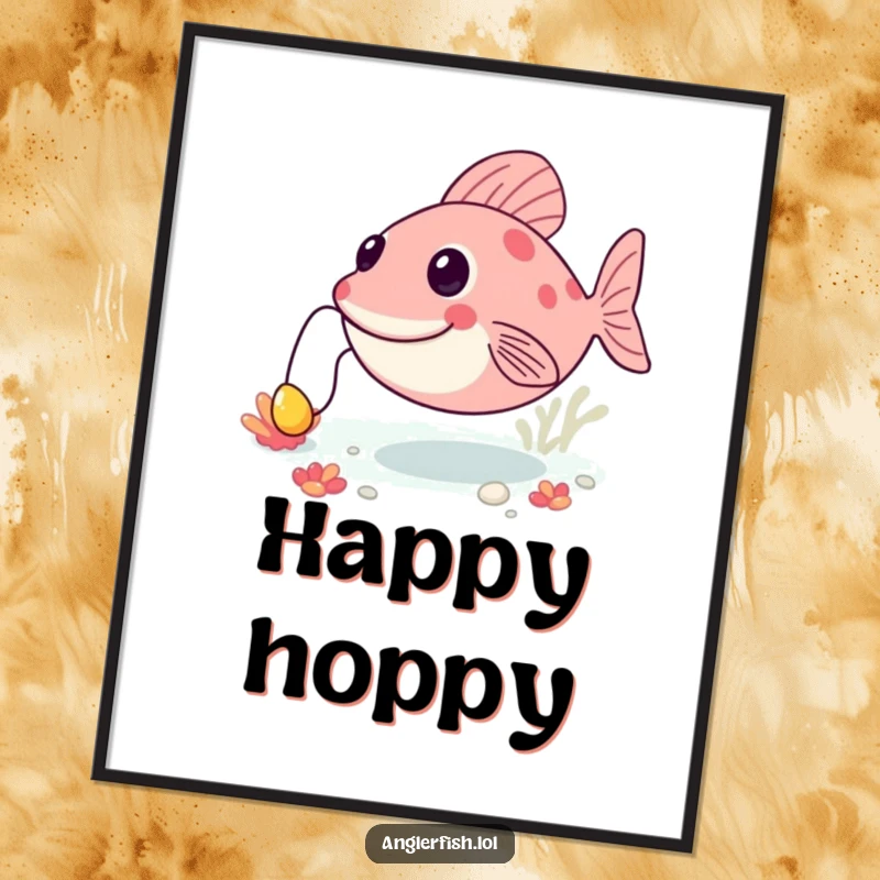 Funny anglerfish digital art print of a creature cheerfully bouncing along the seabed, its lure bobbing, perfect for energetic decor.