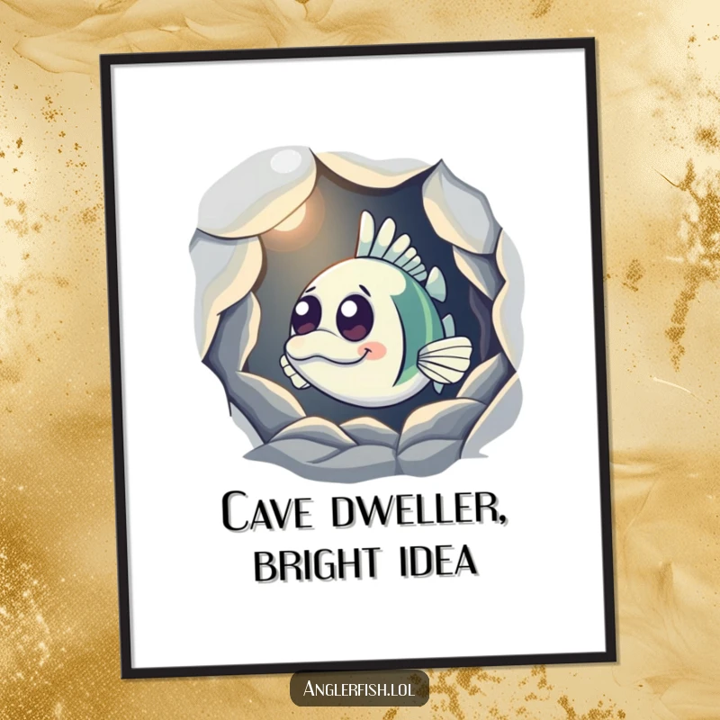 Funny Anglerfish Digital Art Print of a curious anglerfish peeking from a shadowy cave with its light on, perfect for mysterious decor.