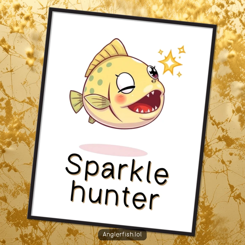 Funny anglerfish digital art print of a determined anglerfish attempting to catch a fleeting sparkle with its jaws.