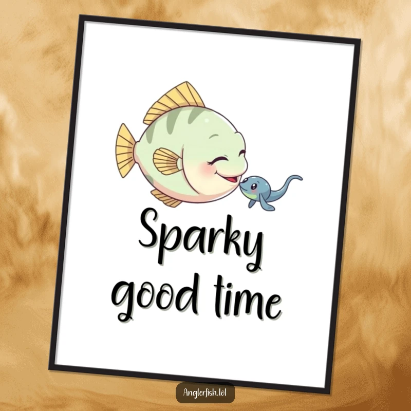 Funny anglerfish digital art print of a playful anglerfish gently nudging a small electric eel.