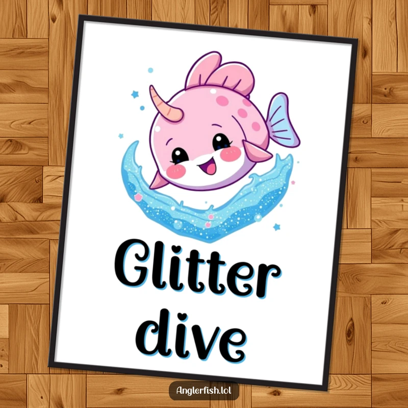 Funny Anglerfish Glitter Dive Digital Art Print: An anglerfish character joyfully diving into a swirl of glitter, perfect for vibrant decor.