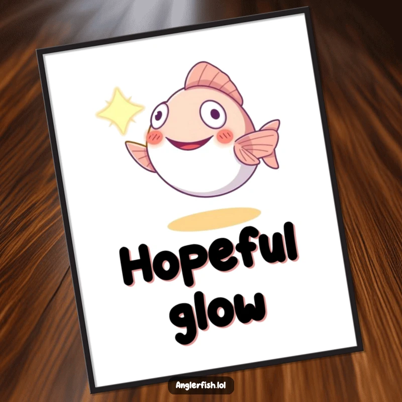 Funny anglerfish digital art print of a smiling creature using its bioluminescent lure to light up a path, symbolizing hope and guidance.