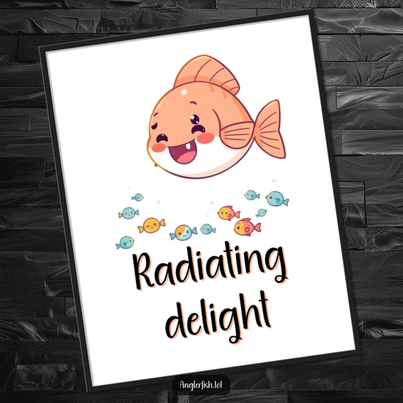 Funny digital art print of a delighted anglerfish casting its light onto a happy audience of tiny fish, ready for download.