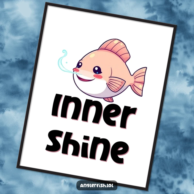 Funny Kawaii anglerfish digital art print of a happy anglerfish with its bioluminescent lure shining, instant download.