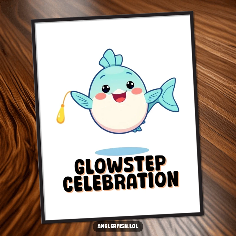 Funny kawaii anglerfish digital art print, doing a happy dance with its glowing lure, a joyful and funny gift download.