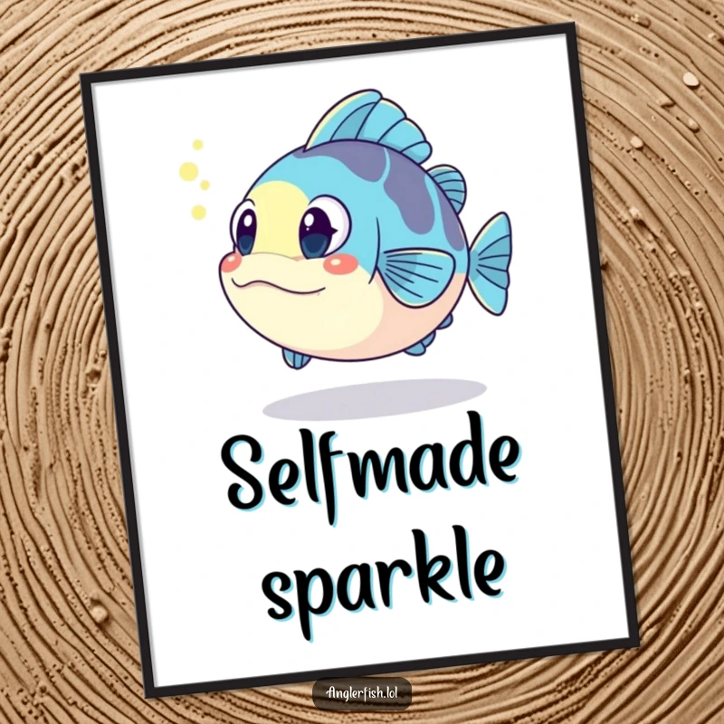 Funny kawaii anglerfish digital art print, surprised by its glowing reflection, a humorous and instant funny gift download.