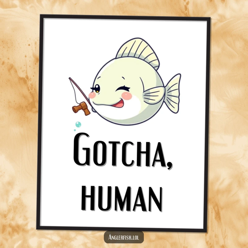 Funny Kawaii anglerfish digital art print of a cute anglerfish winking playfully with a tiny fishing rod.