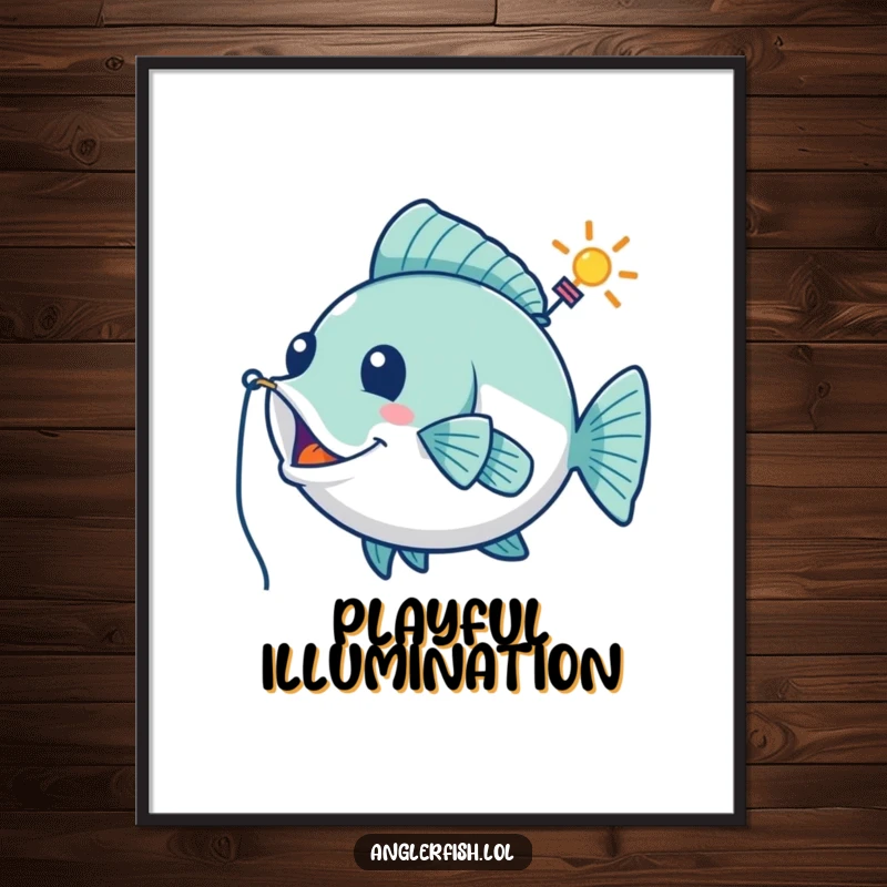 Funny digital art print of a playful anglerfish using its lure as a whimsical guiding beacon, ready for download.