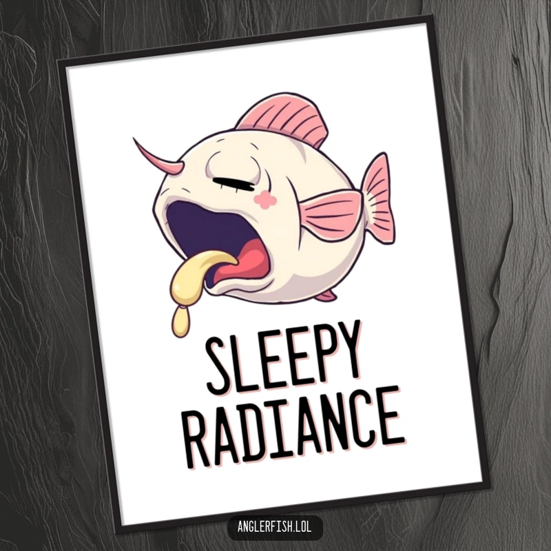 Funny digital art print of a sleepy anglerfish yawning, its lure emitting a gentle, soft glow, ready for download.