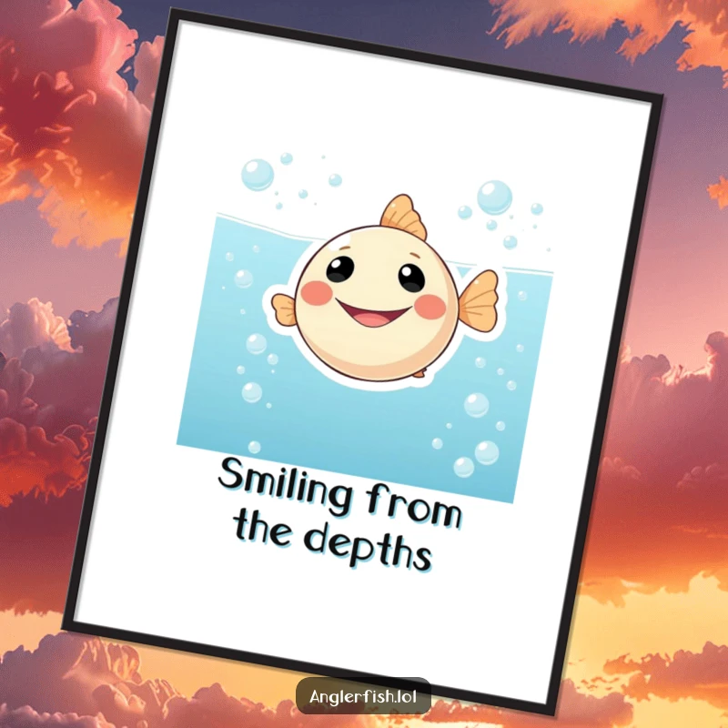 Funny digital art print of a round, smiling anglerfish joyfully floating in sparkling, bubbly water, ready for instant download and colorful display.