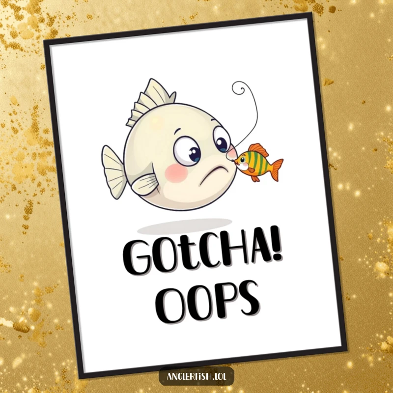 Funny anglerfish digital art print capturing a surprised creature as a tiny fish playfully nibbles its lure, perfect for humorous wall art.