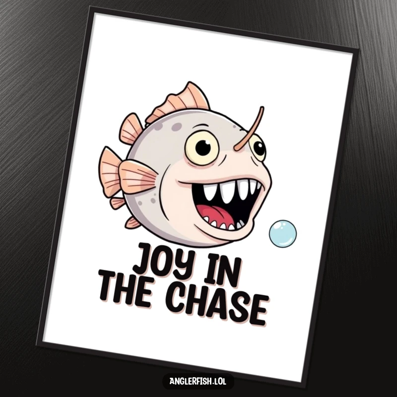 Funny anglerfish digital art print showing a gaping, joyful mouth comically chasing a tiny bubble, full of humor.