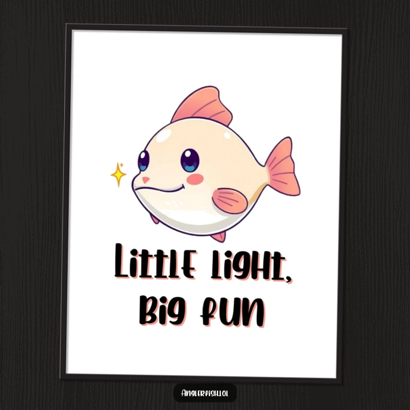 Funny kawaii anglerfish digital art print, playfully chasing a tiny shimmering spark, a whimsical and funny gift download.