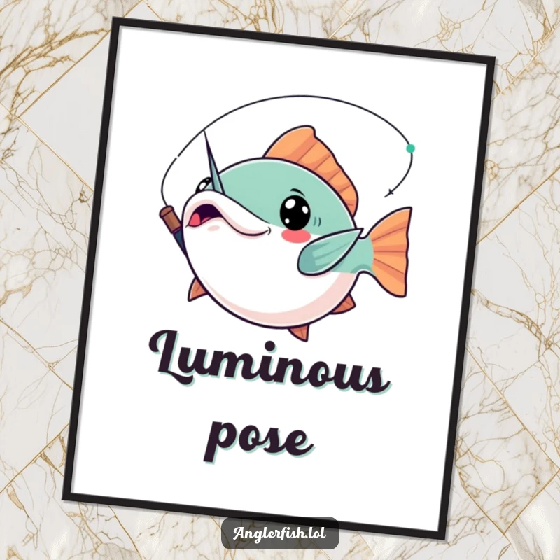 Funny Kawaii Anglerfish Digital Art Print: High-resolution image of a cute anglerfish striking a dramatic pose with its lure held aloft.