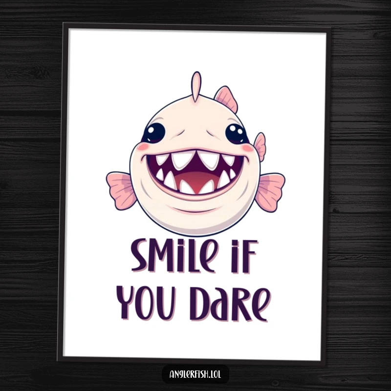 Funny Anglerfish Digital Art: A vibrant digital print of a happy anglerfish with a massive smile and its tiny, shiny teeth.