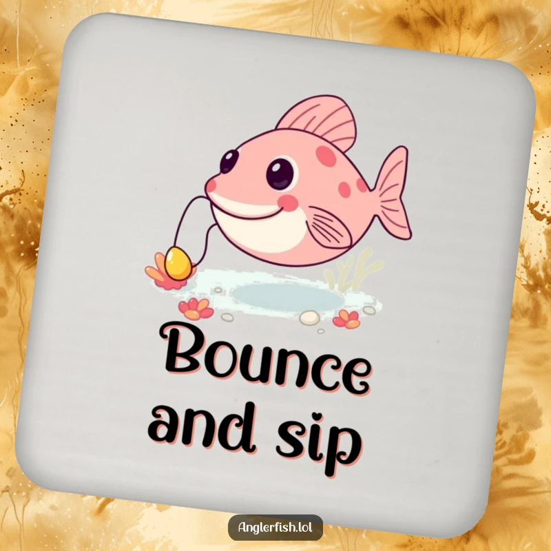 Funny anglerfish drink coaster featuring a happy creature bouncing on the seabed, its lure bobbing, adding playful protection.