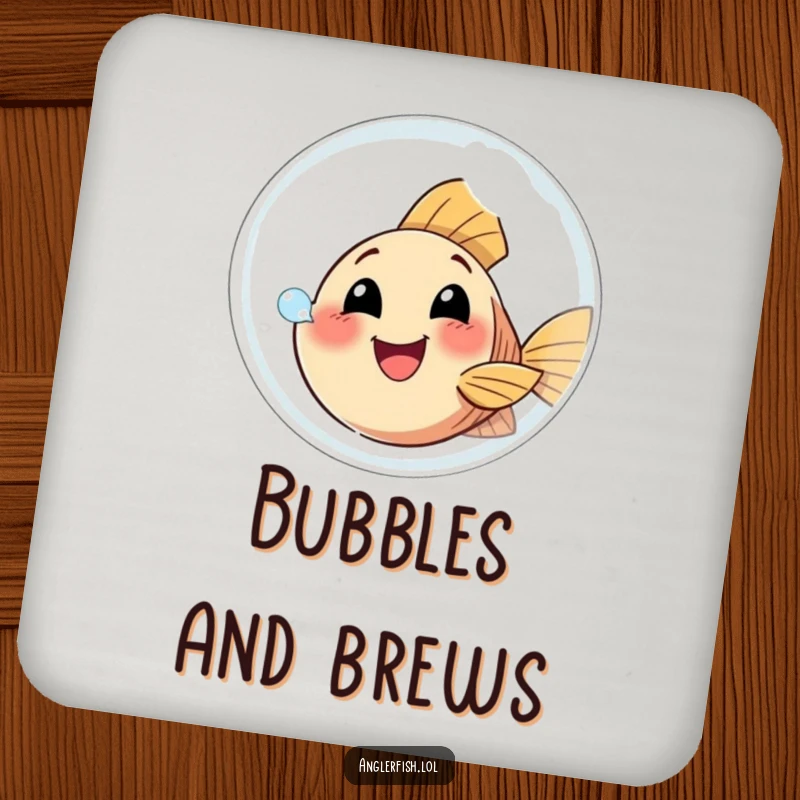 Funny Anglerfish Coaster showing a happy anglerfish attempting to blow a giant bubble, perfect for protecting surfaces with bubbly humor.