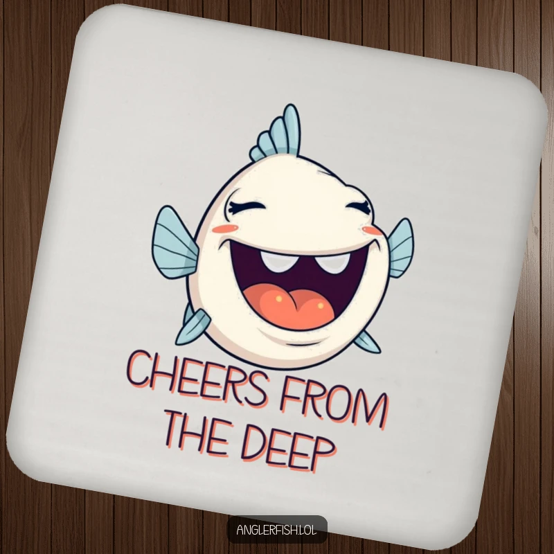 Funny anglerfish laughing with mouth wide open, on a decorative drink coaster, perfect for lively tables.
