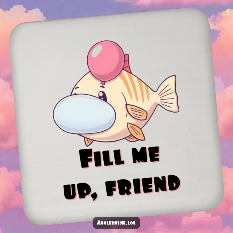 Funny anglerfish coaster featuring a cheerful creature with cheeks inflated like balloons. Humorous and protective table accessory, perfect funny gift.