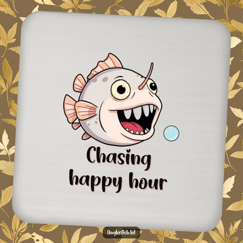 Funny anglerfish drink coaster with a gaping, joyful mouth comically chasing a tiny bubble, a humorous addition.