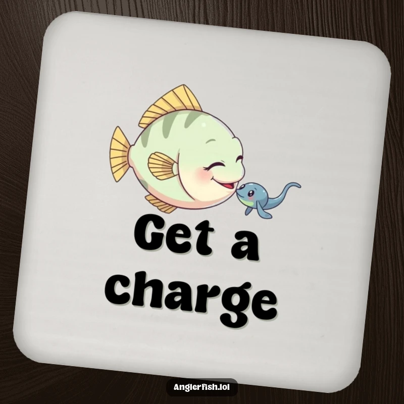 Funny anglerfish coaster showing a playful anglerfish gently nudging a small electric eel.
