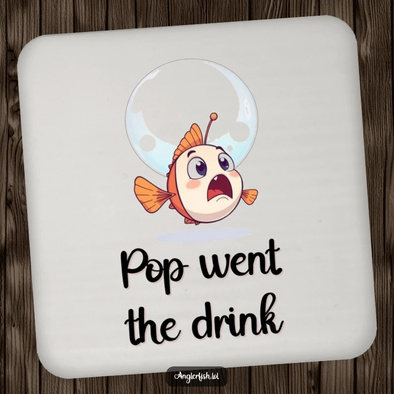 Funny anglerfish coaster showing a surprised anglerfish encountering a giant, friendly bubble floating past.