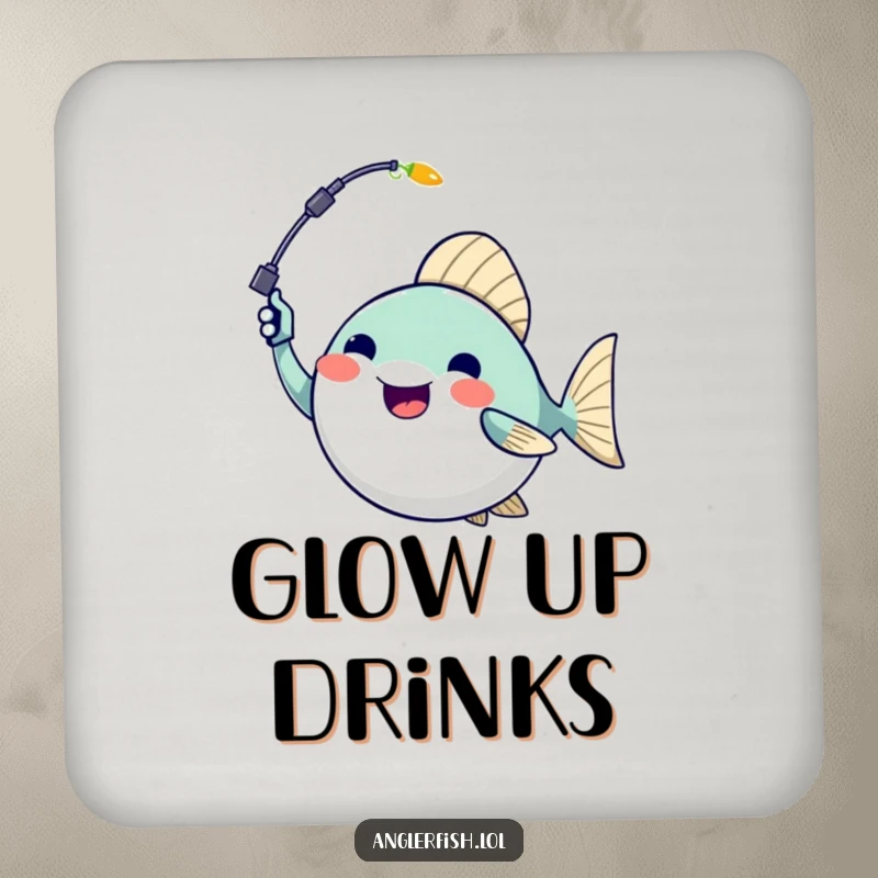 Funny anglerfish drink coaster with an excited anglerfish waving its lure, protecting surfaces humorously.