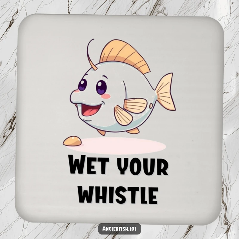 Funny cute anglerfish coaster featuring an excited creature wiggling its tail, adding playful protection to your furniture. Humorous and functional decor.