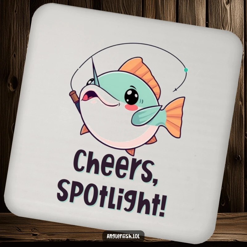Funny Kawaii Anglerfish Coaster: Protective coaster featuring a cute anglerfish striking a dramatic pose, its lure held aloft.