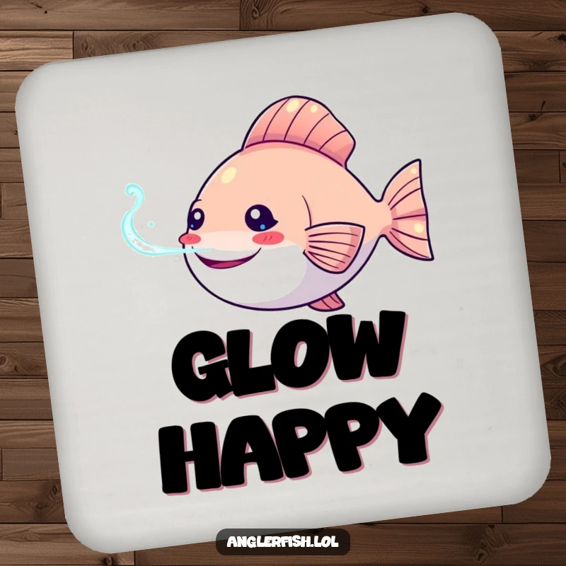Funny Kawaii anglerfish coaster with a happy anglerfish and its bioluminescent lure shining, protecting furniture.