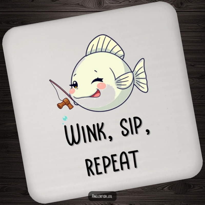 Funny Kawaii anglerfish drink coaster featuring a cute anglerfish winking with a tiny fishing rod.
