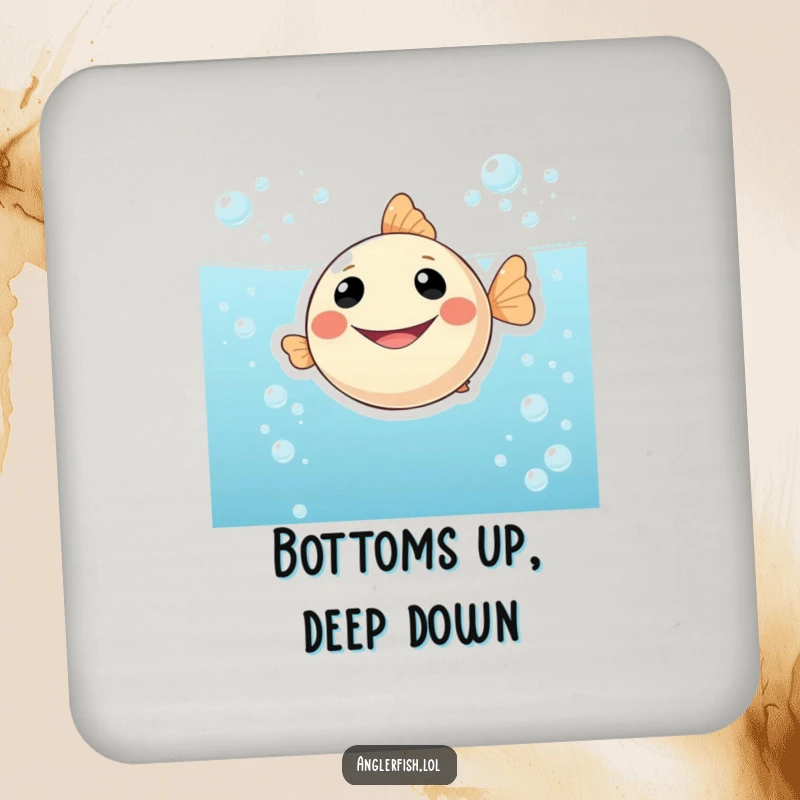 Funny drink coaster featuring a smiling anglerfish character happily floating in bubbly, effervescent water, protecting surfaces with a cheerful design.