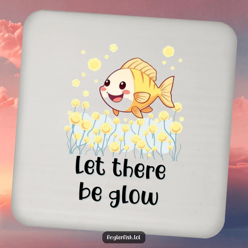 Funny Kawaii anglerfish drink coaster featuring a cute anglerfish joyfully swimming through a field of glowing plankton.