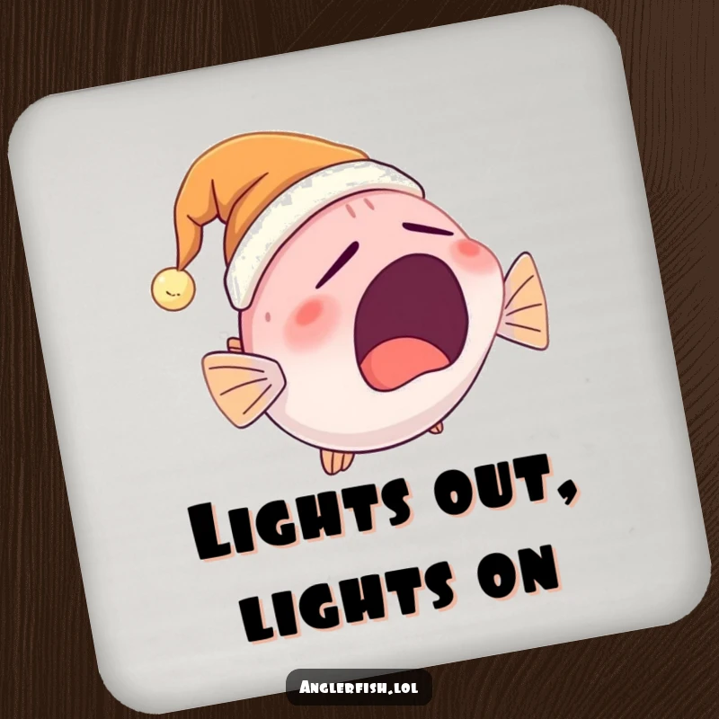 Funny Anglerfish Coaster showing a cute anglerfish yawning with a glowing nightcap, preventing spills with a touch of humor.