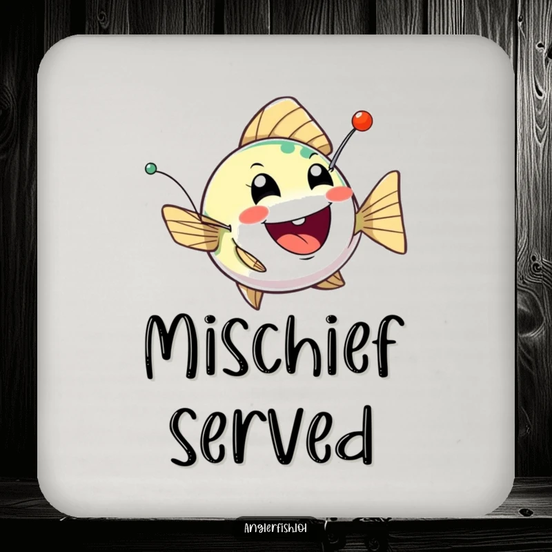 Funny anglerfish coasters with bobbing creatures and twinkling, mischievous lures, adding playful protection to surfaces.