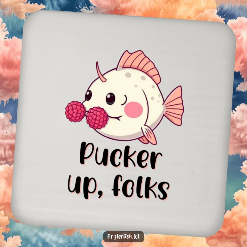 Funny Kawaii anglerfish drink coaster featuring a cute anglerfish humorously blowing raspberries with puffed cheeks.