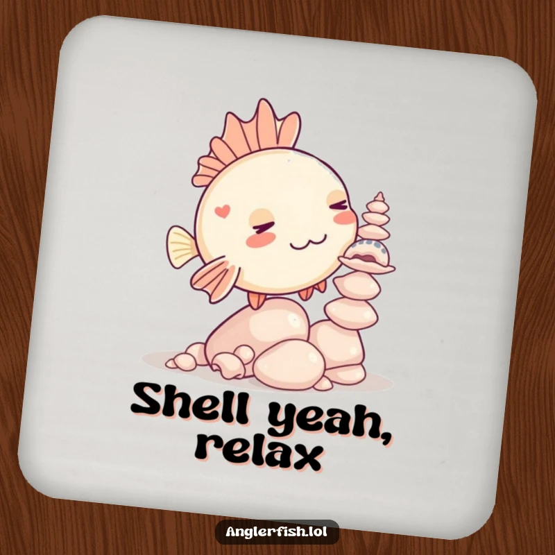 Funny Kawaii anglerfish drink coaster featuring a cute anglerfish humorously balancing a stack of seashells.