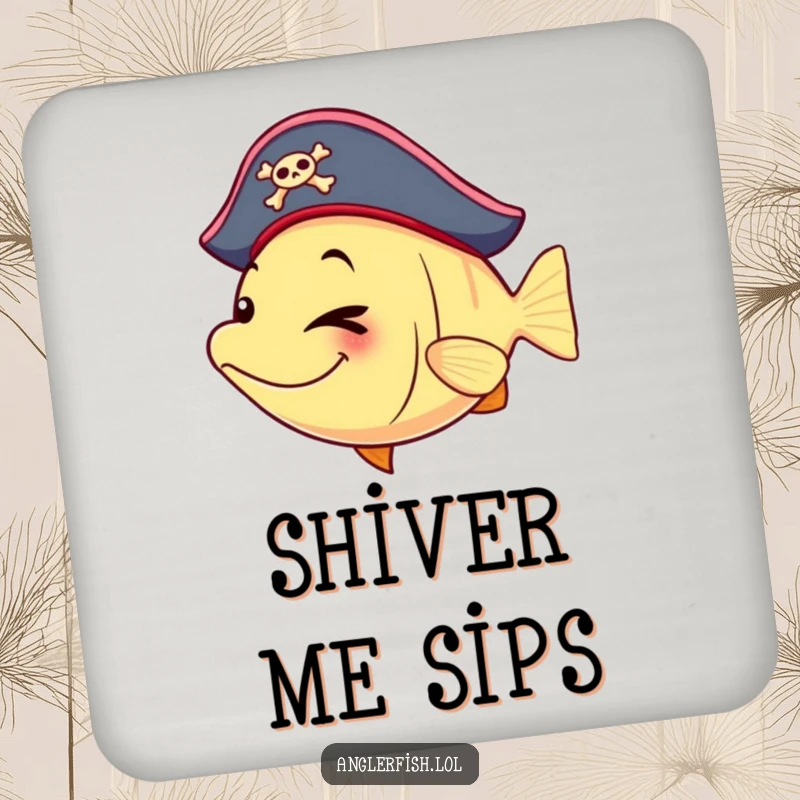 Funny anglerfish drink coaster with a tiny pirate hat and a playful wink, protecting surfaces humorously.