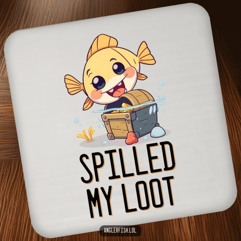 Funny anglerfish drink coaster with a surprised, clumsy anglerfish tripping over treasure, protecting surfaces humorously.