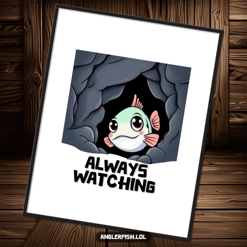 Funny anglerfish poster depicting a curious creature peeking from a dark cave, ideal for adding a humorous and mysterious ambiance.