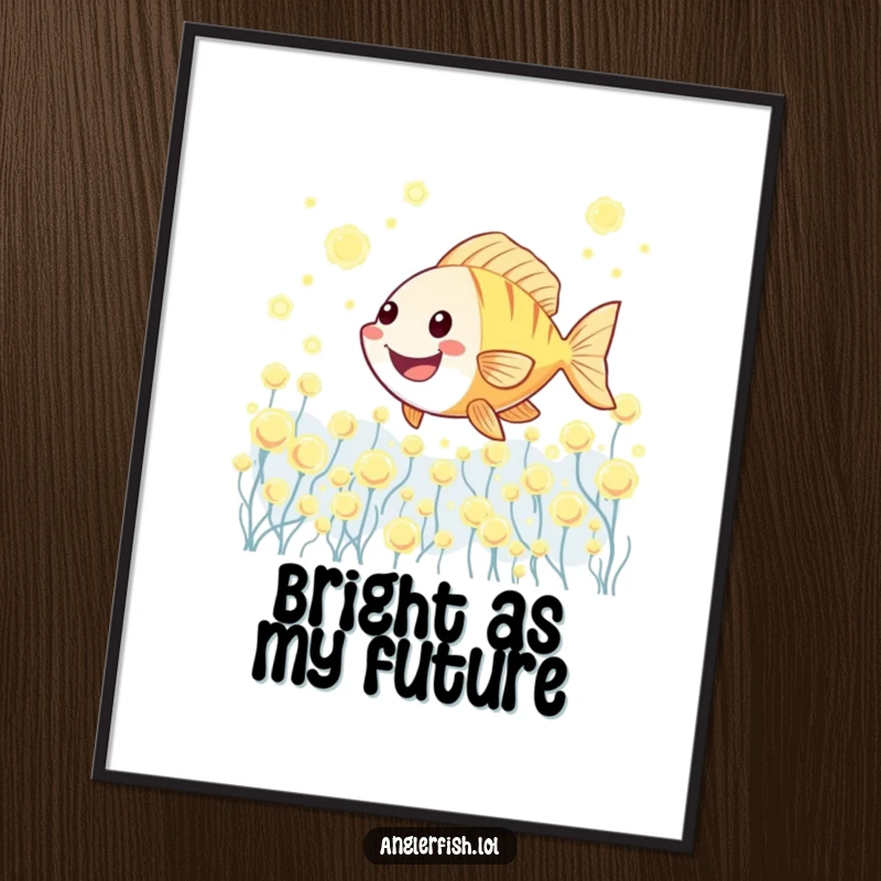 Funny Kawaii anglerfish poster depicting a cute anglerfish swimming joyfully through a vibrant, glowing plankton field.